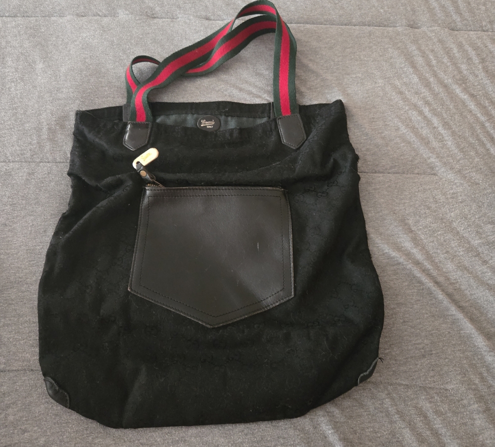 Black Tote Bag with Red and Green Straps